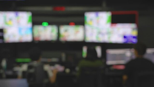 Newsroom Background for News Broadcasts, Broadcast Tv Studio Production, Vision Switcher, Control Room, working with video and audio mixer, control broadcast in recording studio, blurred background