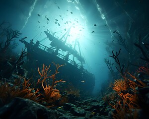 Fototapeta na wymiar Underwater view of ship wreck in the sea. Underwater world.