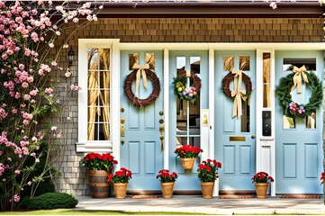 Fototapeta na wymiar Simple pleasures: a front porch adorned with Easter wreaths, welcoming the season.