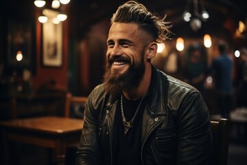 A handsome man with a beard and hairstyle is sitting in a bar - obrazy, fototapety, plakaty