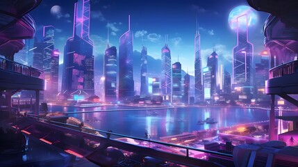 Night city panorama with skyscrapers and bridge. 3d rendering