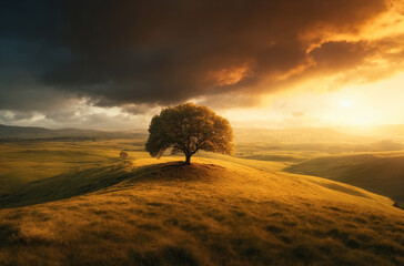 A lone tree standing atop a grassy hill, bathed in the warm golden light of a setting sun, against the backdrop of an impending storm. - Powered by Adobe