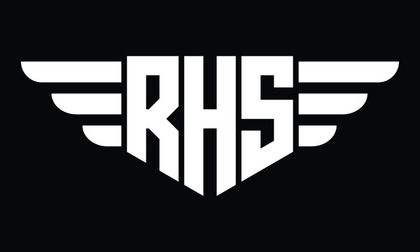 RHS three letter logo, creative wings shape logo design vector template. letter mark, wordmark, monogram symbol on black & white.	