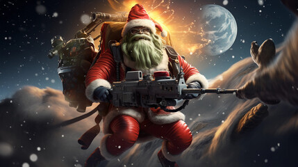 Christmas 3D SantaClause in a spacesuit, reindeer with jetpacks