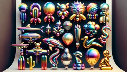 A 3D rendered collection showcasing an array of balloon animals in a retro Y2K style, featuring creative and whimsical designs such as a mermaid