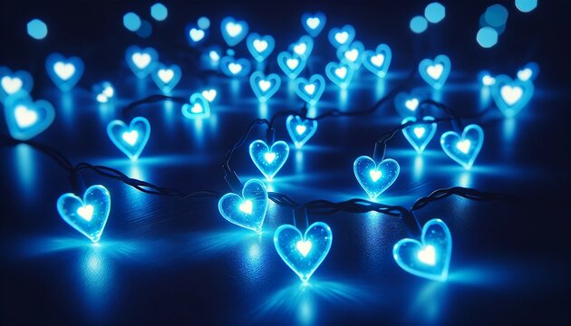 An image displaying bright blue hearts on glowing fairy lights. The scene is set against a dark background to emphasize the luminosity of the fairy