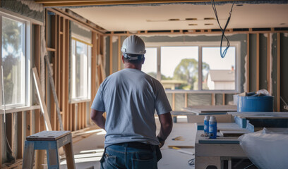 Fototapeta premium A construction worker mason in the ongoing remodeling of a spacious kitchen with windows to the outside. In progress.