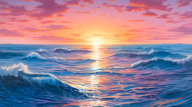 serene sunrise over the ocean with vibrant blue waves, white foam, and a sky painted in shades of pink and orange