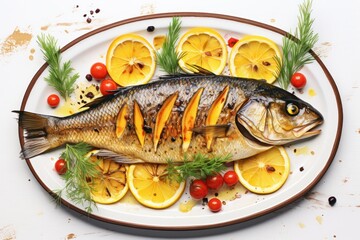  a fish on a plate with lemons, tomatoes, and dill garnishes on a white plate with a brown border and brown trim around the edges.