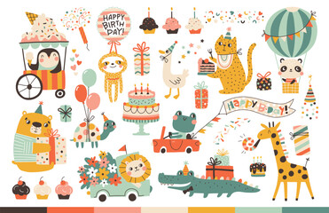 Birthday cute animals collection. Vector hand-drawn cartoon set illustration of festive elements and funny characters. Vintage cheerful pastel palette, decorating childish holidays cards, invitations. - obrazy, fototapety, plakaty