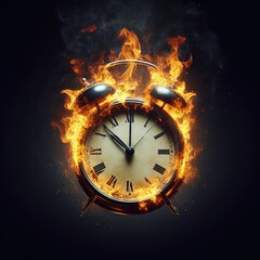 Clock on fire with smoke, burning time, late alarm warning, urgent or close Deadline punctual alert time concept. Generative AI