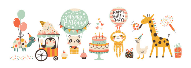 Birthday cute animals collection. Vector hand-drawn cartoon set illustration of festive elements and funny characters. Vintage cheerful pastel palette, decorating childish holidays cards, invitations. © Світлана Харчук