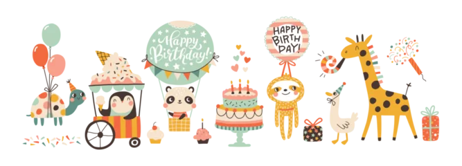 Plexiglas foto achterwand Birthday cute animals collection. Vector hand-drawn cartoon set illustration of festive elements and funny characters. Vintage cheerful pastel palette, decorating childish holidays cards, invitations. © Світлана Харчук