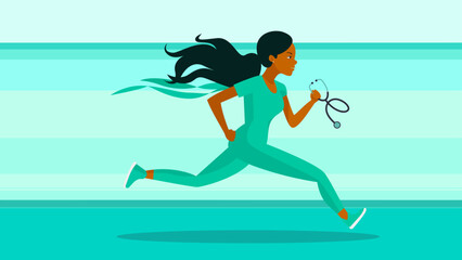 A young female nurse running through a hospital with a stethoscope.