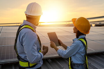 solar farm concept A team of engineers inspects the operation of the system. Renewable energy for...