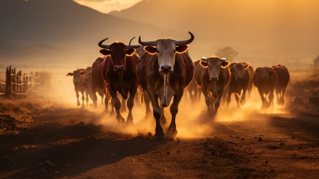  a herd of cattle running down a dirt road next to a fence with mountains in the background in the distance is the sun shining through the clouds in the sky.