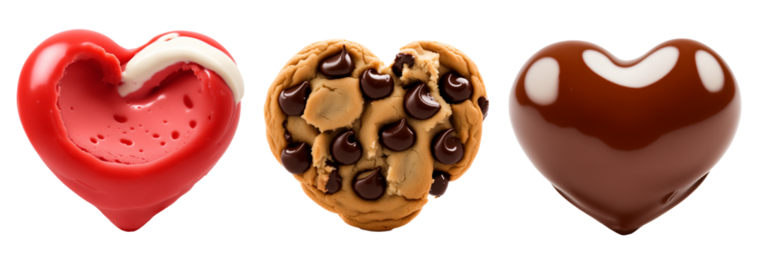 Chocolate heart , chocolate chip cookies, Strawberry ice cream in the shape of a heart. A set of PNG isolated image on a transparent background for Valentine's Day.