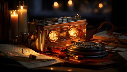 Vintage radio in dark room with lights and candles, panorama
