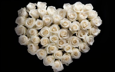 Heart of white roses, Valentines Day Isolated on black Background.