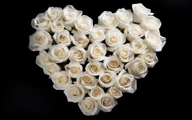 Heart of white roses, Valentines Day Isolated on black Background.