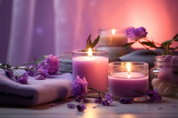 Obraz na płótnie Canvas a couple of candles sitting on top of a table next to a towel and a vase with purple flowers on top of a table next to a couple of candles.