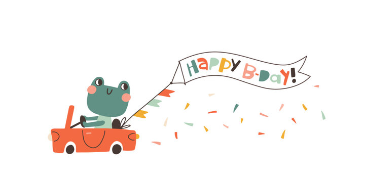 A little frog on a red convertible with a birthday banner. A cute holiday cartoon character in a simple childish hand-drawn style. Vector isolate in pastel vintage palette on white background.