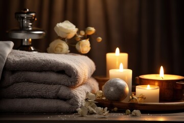  a pile of towels sitting on top of a table next to a candle and a vase with flowers on top of it and a tray with candles in front of them.