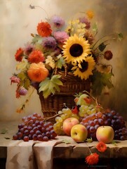 Naklejka na ściany i meble Still life with a basket of flowers, apples, grapes and sunflowers
