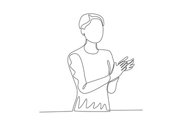 A woman with short hair clapped her hands. Applause one-line drawing