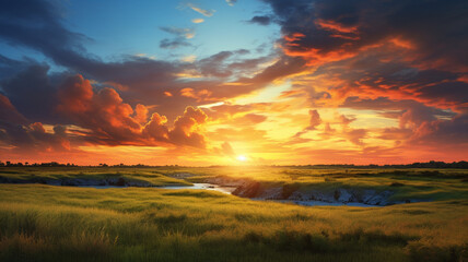 Vibrant colors of a sunrise over the savanna and grass fields, creating a stunning and serene landscape captured in high definition.