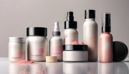 Espressione di Bellezza- Mockup di Contenitori Cosmetici in una Vetrina per un Concept di Makeup Naturale e Cura della Pelle