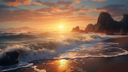 Sea waves gracefully rolling onto a rocky deserted beach, creating a serene and tranquil coastal landscape.