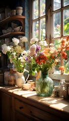 Bouquet of flowers in a vase on a window sill
