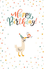 Cheerful goose in a cap. Birthday celebration. A cute holiday cartoon character in a simple childish hand-drawn style. Vector card with happy birthday lettering and confetti in a pastel palette. © Svitlana Kharchuk