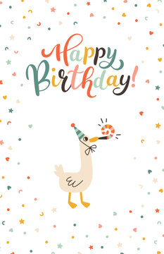 Cheerful goose in a cap. Birthday celebration. A cute holiday cartoon character in a simple childish hand-drawn style. Vector card with happy birthday lettering and confetti in a pastel palette.