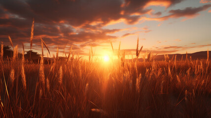 Close-up shot showcasing the details of a stunning sunrise over the savanna and grass fields, capturing the natural beauty and tranquility of the scene in high definition.
