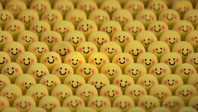 Wave of happiness. Concept of spreading good mood. Animated emoticons are unique designed. 3D render animation
