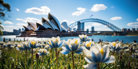 beautiful spring meadow flower of white and blue color, australia day, banner - obrazy, fototapety, plakaty