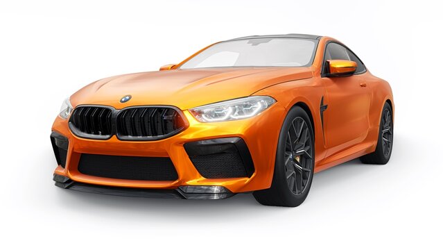 Germany, Berlin. December 10, 2023. BMW M8 2021. Large orange ultra sports coupe GT executive class on a white background. 3d rendering.