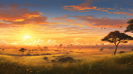 Close-up view capturing the delightful details of a breathtaking sunrise over the savanna and grass fields, creating a visually appealing and high-definition landscape.