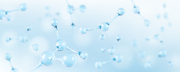 3D glass molecules or atoms on light blue background. Concept of biochemical, pharmaceutical, beauty, medical. Science or medical background. Vector 3d illustration