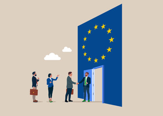 Politician handshake welcome and introduce new countries. Integration in European Union. Flat vector illustration © Vadym