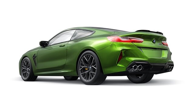Germany, Berlin. December 10, 2023. BMW M8 2021. Large green ultra sports coupe GT executive class on a white background. 3d rendering.
