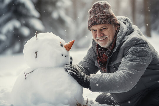 AI generated picture of senior cheerful happy man creating making snowman outdoors