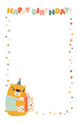 Naklejka premium A bear with a big gift box for a birthday. A cute festive cartoon character in a simple childish hand-drawn style. Vector template with happy birthday lettering and confetti frame.