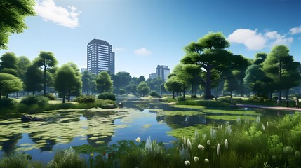 City park panorama with green trees, pond and skyscrapers
