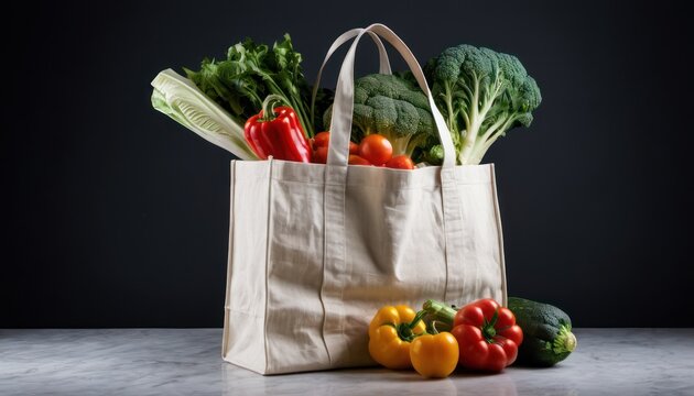  a tote bag full of fresh vegetables on a marble countertop with a black backround behind the bag is a variety of peppers, broccoli, carrots, bell peppers, celer, celery, and lettuce.