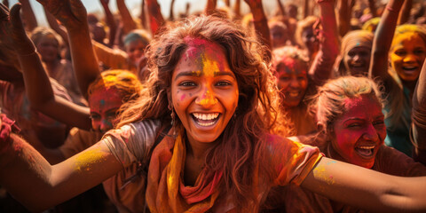Obraz premium cheerful young girl smeared in colored powder looks at the camera, people in the background, Holi Festival