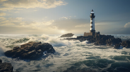 A stunning lighthouse along the rocky seaside, a beacon of light and strength against the backdrop of the expansive sea.
