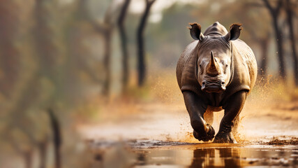 A rhino is running in the hot and dusty savanna
